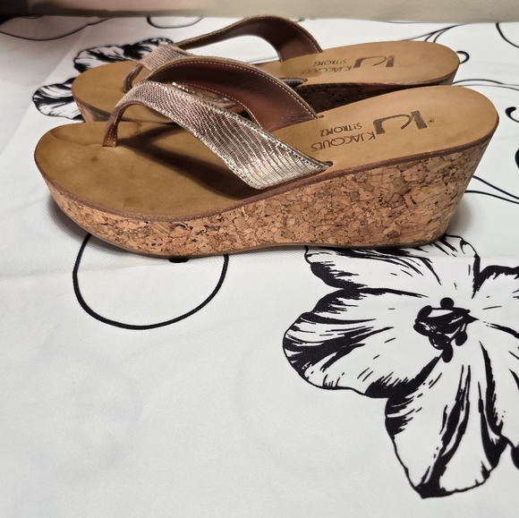 ♥️ K Jacques St. Tropez Diorite Gold Scale Thong Platforms Wedges - Picture 5 of 11